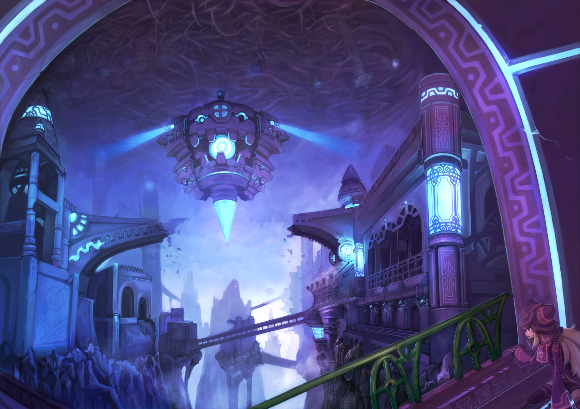 HD anime-style original artwork depicting a mystical, illuminated fortress with glowing lanterns and intricate architecture, set against a foggy, mountainous backdrop.