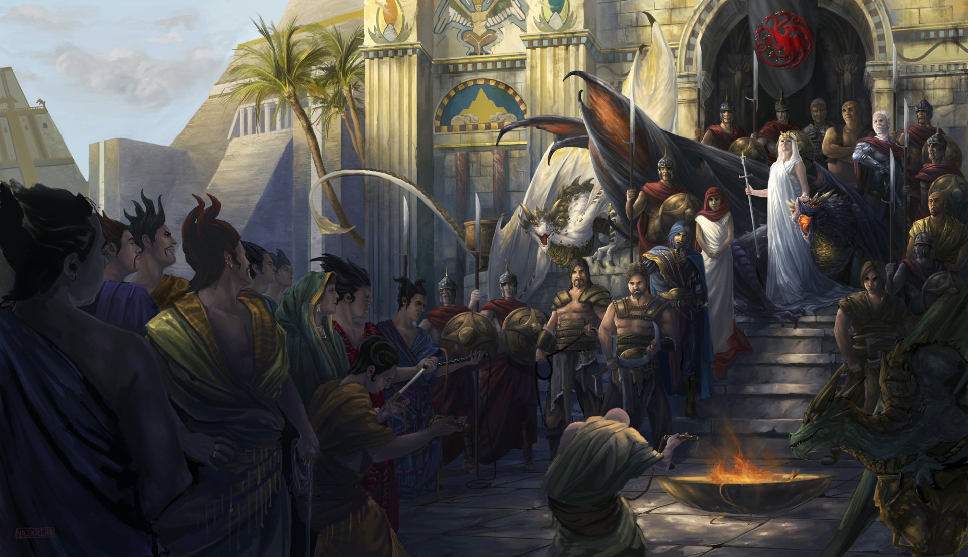 HD fantasy wallpaper featuring Daenerys Targaryen as a warrior with a dragon, surrounded by people in a detailed A Song of Ice and Fire, Game of Thrones setting.