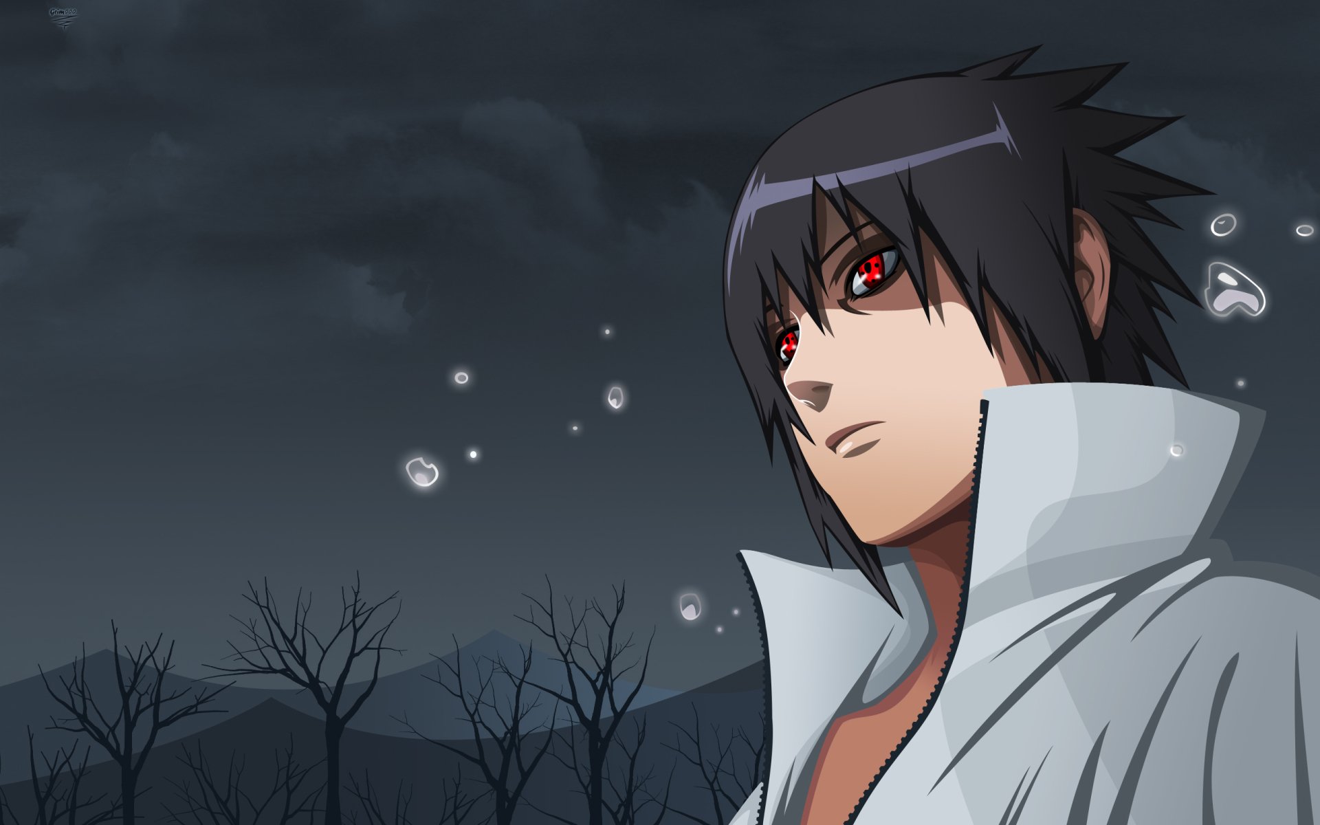 HD PC desktop wallpaper featuring Sasuke Uchiha from the anime Naruto, with a dark, moody background and his iconic red Sharingan eyes on display.