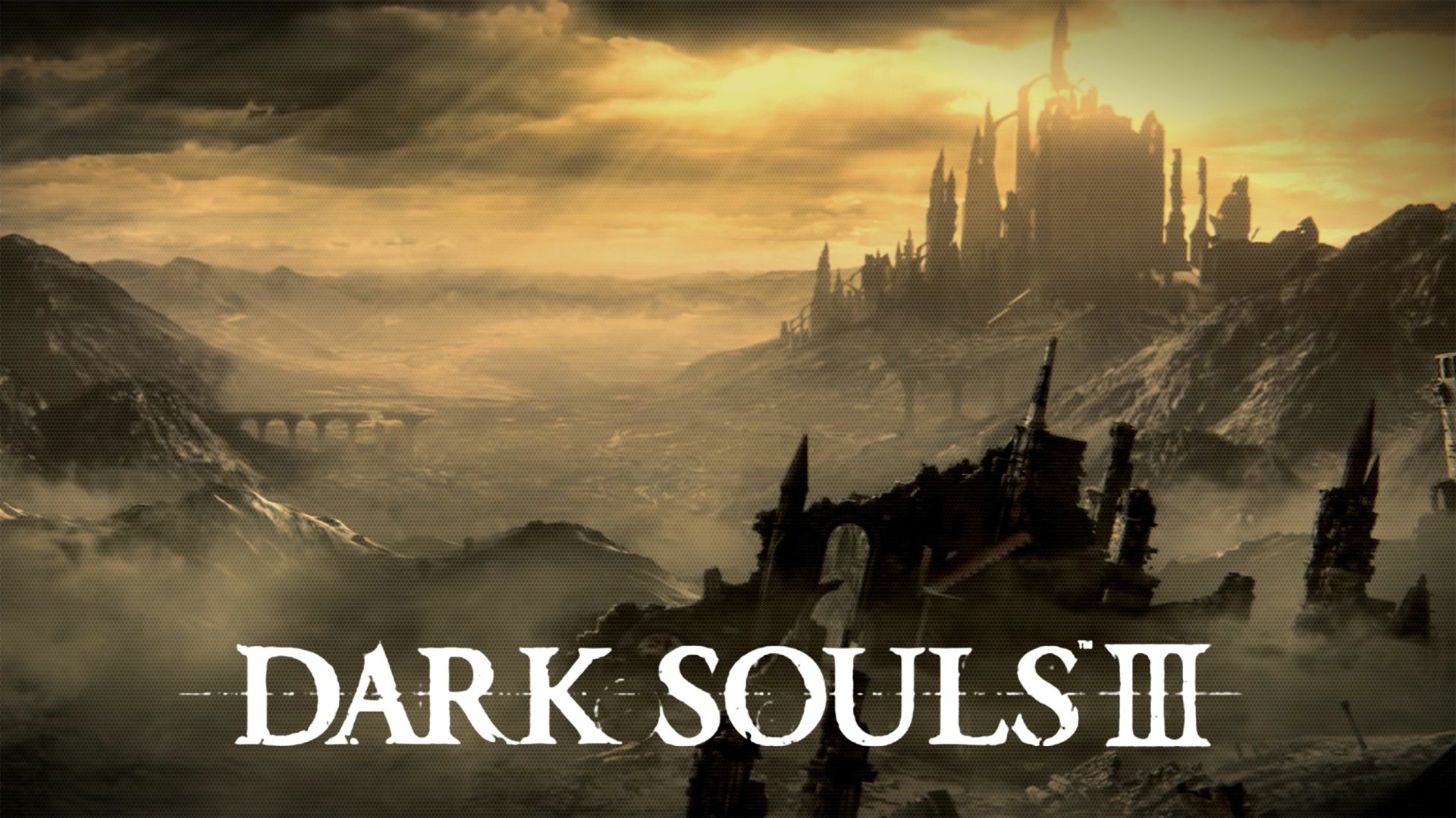 A dramatic landscape from Dark Souls III, featuring a desolate terrain and imposing structures under a moody sky, presented as a 4K Ultra HD PC desktop wallpaper.
