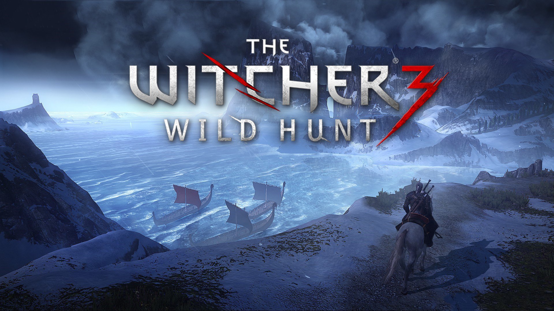 A stunning HD desktop wallpaper featuring The Witcher 3: Wild Hunt, showcasing a dramatic landscape with a character on horseback overlooking a sea with ships.