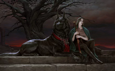 A fierce woman warrior with a sword sits next to a loyal dog, posed against a dark, gnarled tree, embodying a captivating fantasy atmosphere in this HD desktop wallpaper.