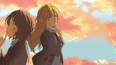 A vibrant HD wallpaper featuring Tsubaki Sawabe and Kaori Miyazono from the anime Your Lie in April, set against a stunning, colorful sunset background.