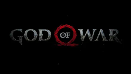 HD desktop wallpaper featuring the logo of the 2018 video game God of War on a black background, with God of War text in grey and red markings surrounding the word of.