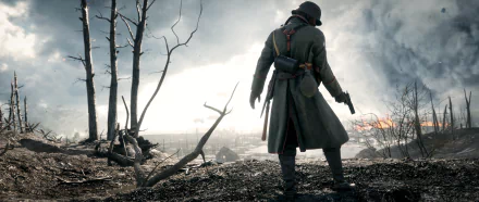 HD desktop wallpaper featuring a soldier from Battlefield 1 standing in a desolate battlefield, with bleak, war-torn scenery and smoke-filled skies.