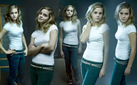 HD desktop wallpaper featuring celebrity Emma Watson, showcasing five different poses in a white shirt and teal pants against a gradient blue background.