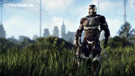 Laurence 'Prophet' Barnes in a Nanosuit stands in tall grass before a distant city skyline — Crysis 3 video game 2K Quad HD PC wallpaper and background.