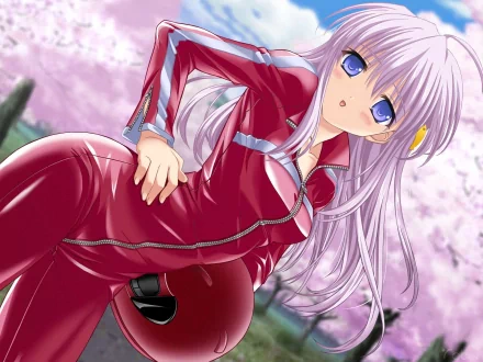 A vibrant HD wallpaper featuring Tomoyo Sakagami from the anime Clannad, showcasing her in a striking red outfit against a backdrop of blooming cherry blossoms.