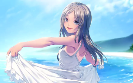A vibrant anime character in a white dress playfully wades in the blue ocean, set against a sunny sky and lush landscape, creating a captivating HD PC desktop wallpaper.