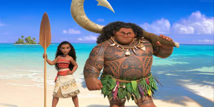 HD desktop wallpaper featuring Disney's Moana movie, depicting Moana and Maui standing on a pristine beach with the ocean in the background.