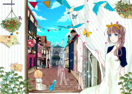 HD anime desktop wallpaper featuring an original colorful street scene with a girl in a white apron, butterflies, and vibrant buildings under a bright blue sky.