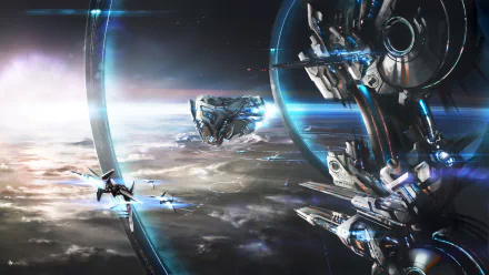 HD Sci-Fi desktop wallpaper depicting a futuristic spaceship and space station amidst a cosmic background.