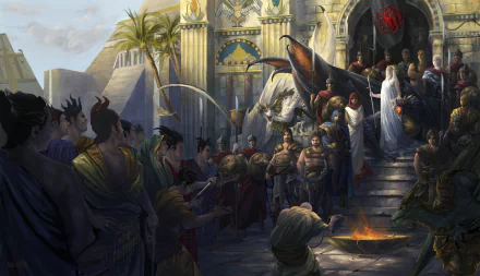 HD fantasy wallpaper featuring Daenerys Targaryen as a warrior with a dragon, surrounded by people in a detailed A Song of Ice and Fire, Game of Thrones setting.