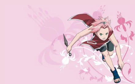 HD PC desktop wallpaper featuring Sakura Haruno from Naruto in an action pose against a soft pink floral background.