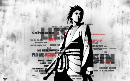 A striking HD wallpaper featuring Sasuke Uchiha from the anime Naruto, incorporating powerful themes of pain, betrayal, and redemption in a dramatic black and white design.