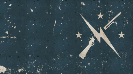 HD desktop wallpaper featuring the Minutemen symbol from Fallout 4, showcasing a weathered design with firearms and stars on a deep blue background.