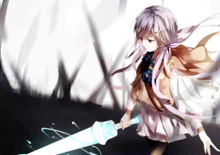 Anime-style HD desktop wallpaper featuring Xin Hua from Vocaloid with long pink hair and pink eyes, wearing a skirt and holding a glowing sword.