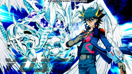 Stardust Dragon and Yusei Fudo from Yu-Gi-Oh! 5D's are featured in this vibrant HD desktop wallpaper, showcasing dynamic anime action and stunning visuals.