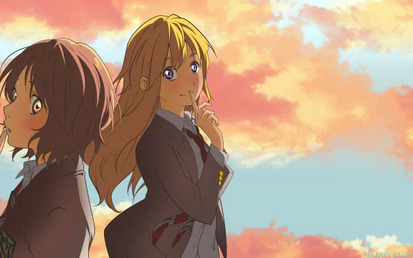 A vibrant HD wallpaper featuring Tsubaki Sawabe and Kaori Miyazono from the anime Your Lie in April, set against a stunning, colorful sunset background.