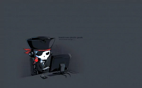 A minimalist HD desktop wallpaper featuring a cartoon skeleton hacker wearing pirate attire, seated in front of a computer, against a dark gray background. Tag: technology, hacker.