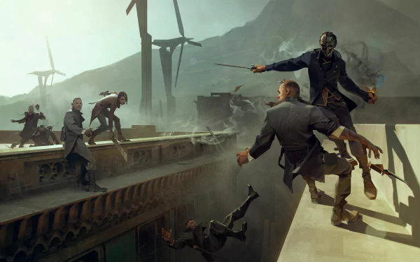A dynamic scene from Dishonored 2 featuring intense action atop a building, with characters engaged in combat against a backdrop of mountains and wind turbines. HD PC desktop wallpaper.