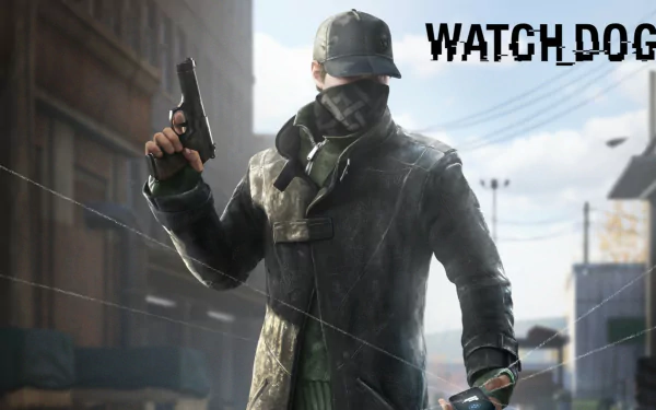 Aiden Pearce from the video game Watch Dogs, holding a gun, in a detailed HD PC desktop wallpaper background set in an urban environment.