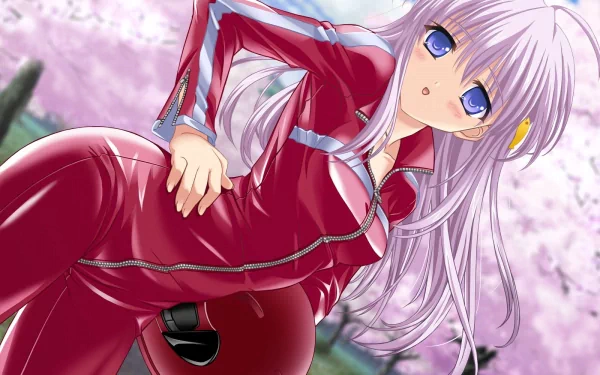 A vibrant HD wallpaper featuring Tomoyo Sakagami from the anime Clannad, showcasing her in a striking red outfit against a backdrop of blooming cherry blossoms.