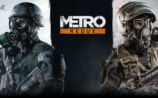 HD desktop wallpaper featuring two soldiers wearing gas masks from the video game Metro Last Light Redux, set against a dark background with the game's logo in the center.