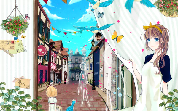 HD anime desktop wallpaper featuring an original colorful street scene with a girl in a white apron, butterflies, and vibrant buildings under a bright blue sky.