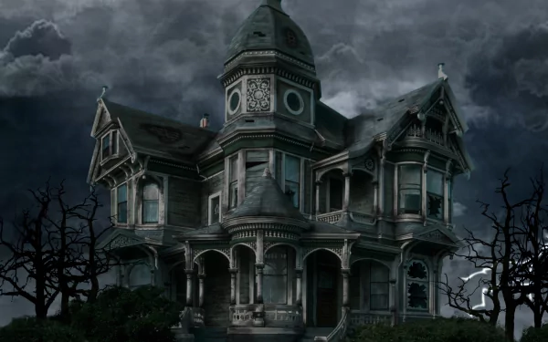 A dark, Victorian haunted house looms under ominous clouds, embodying a chilling Halloween atmosphere with its eerie presence and haunting details.