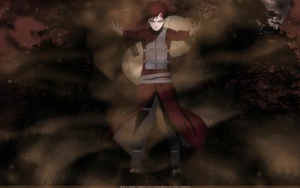 Gaara from Naruto stands confidently amidst a swirling sandstorm in this HD desktop wallpaper, capturing the essence of this iconic anime character.