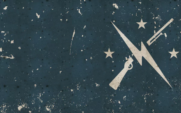 HD desktop wallpaper featuring the Minutemen symbol from Fallout 4, showcasing a weathered design with firearms and stars on a deep blue background.