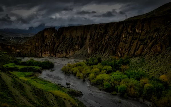HDR HD PC desktop wallpaper: Tibetan canyon with a winding river and stream, green riverbanks under a dramatic sky, vivid HDR nature scenery.