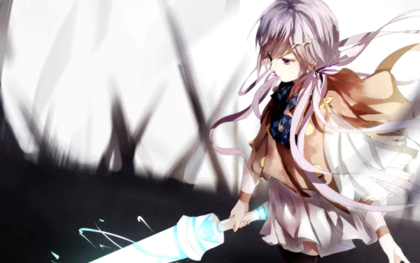 Anime-style HD desktop wallpaper featuring Xin Hua from Vocaloid with long pink hair and pink eyes, wearing a skirt and holding a glowing sword.