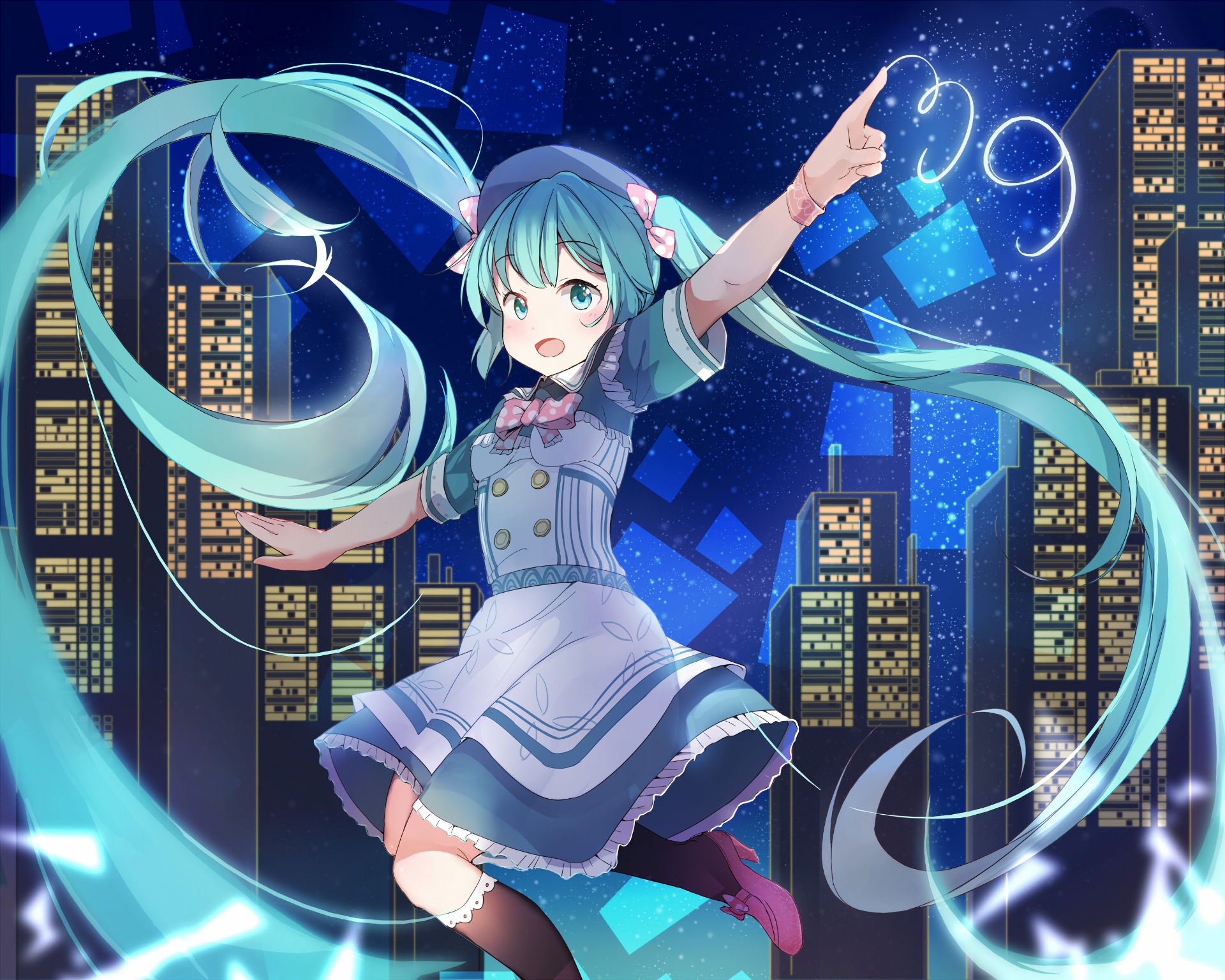 HD anime desktop wallpaper featuring Vocaloid Hatsune Miku with flowing teal twin-tails against a vibrant cityscape backdrop at night.