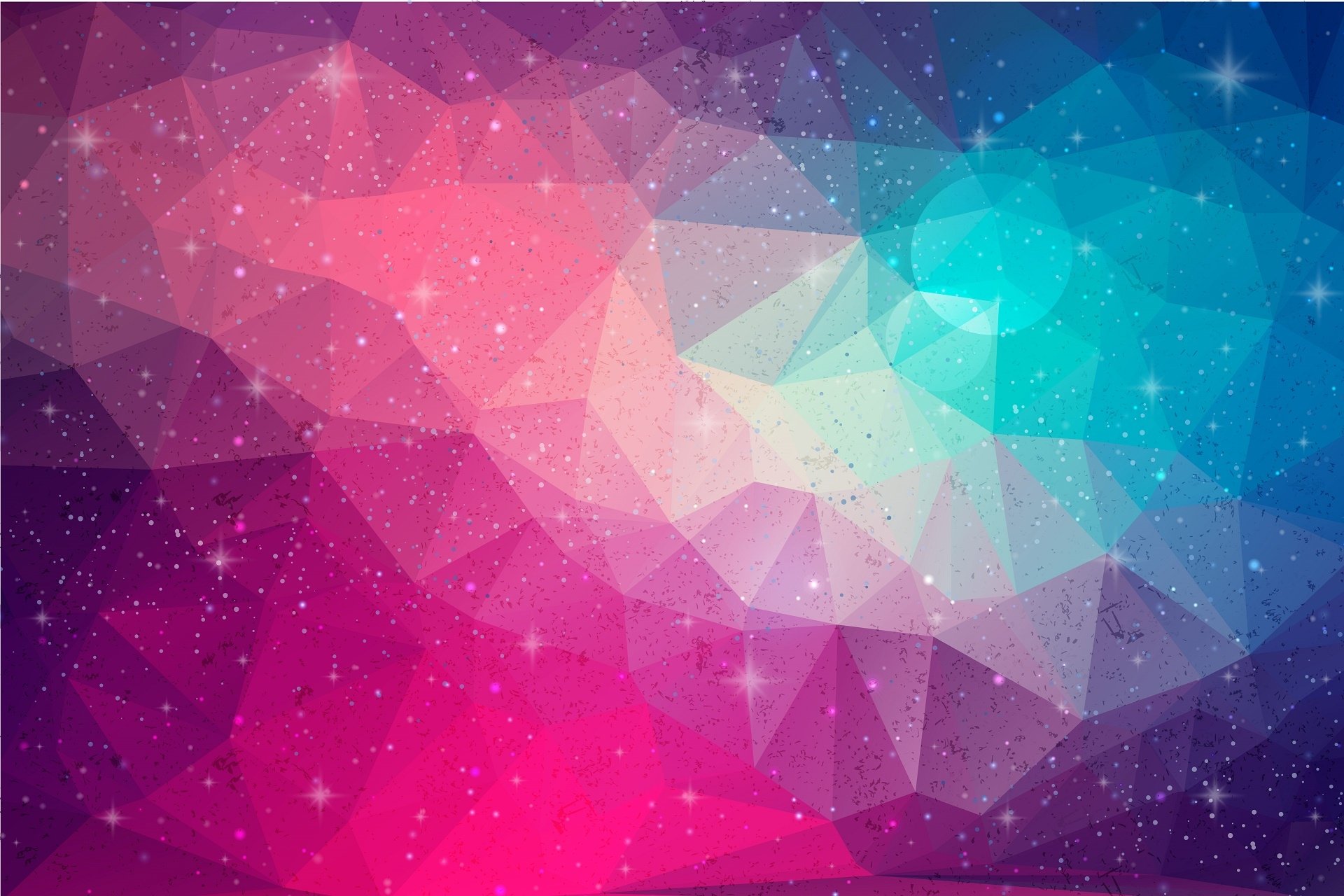 Abstract triangle mosaic in vibrant pink, purple and teal hues with star-like speckles — HD PC desktop wallpaper background.