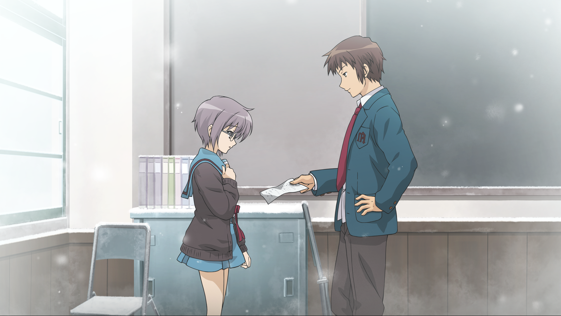 HD PC desktop wallpaper of The Melancholy of Haruhi Suzumiya: Kyon (Haruhi) handing a paper to Yuki Nagato in a quiet classroom, soft light and drifting snow.