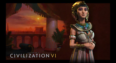 HD desktop wallpaper featuring Cleopatra from Civilization VI, set against an ancient Egyptian sunset backdrop with columns and palm trees.