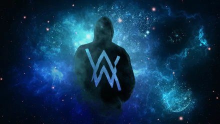 HD desktop wallpaper featuring DJ Alan Walker. The image shows a hooded figure standing against a cosmic background, illuminated by stars, with Alan Walker's logo prominently displayed on the back.