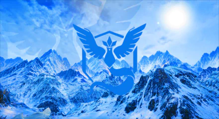 HD desktop wallpaper featuring a snowy mountain landscape with Pokémon GO's Team Mystic emblem overlayed.