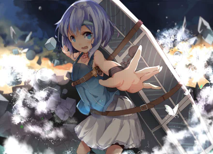 A dynamic anime illustration featuring a young girl with blue hair, reaching out amidst an explosion of debris and light, designed as an HD PC desktop wallpaper and background.