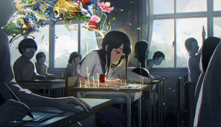 Anime girl in school uniform sitting at a desk in a classroom, surrounded by colorful imaginative elements. High-definition desktop wallpaper and background.