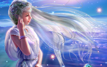 A fantasy-themed HD wallpaper featuring a woman with flowing hair, gazing thoughtfully against a serene blue background, infused with ethereal elements and a dreamy atmosphere.