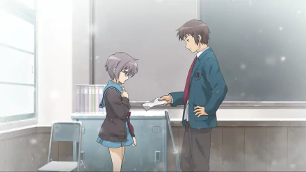 HD PC desktop wallpaper of The Melancholy of Haruhi Suzumiya: Kyon (Haruhi) handing a paper to Yuki Nagato in a quiet classroom, soft light and drifting snow.