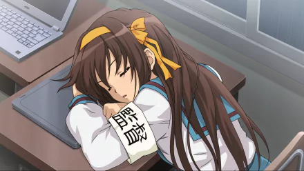 Haruhi Suzumiya from The Melancholy of Haruhi Suzumiya asleep on a school desk, long brown hair with a yellow ribbon; anime HD PC desktop wallpaper background