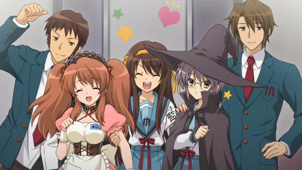 HD PC wallpaper of The Melancholy of Haruhi Suzumiya: Haruhi Suzumiya, Kyon, Yuki Nagato (witch outfit), Mikuru Asahina and Itsuki Koizumi posing cheerfully.