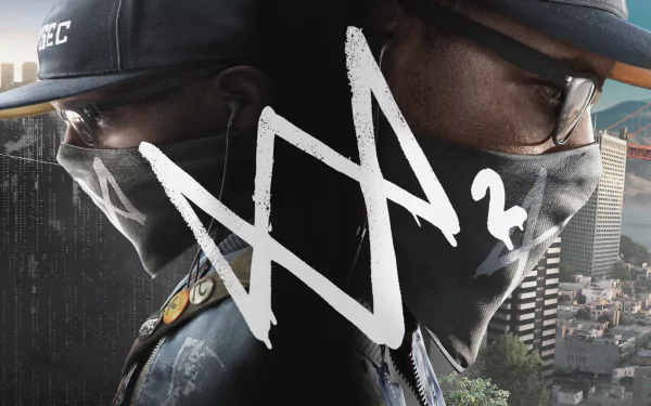 HD desktop wallpaper featuring a Watch Dogs 2 image with two people wearing hats and masks, positioned back-to-back, and urban city elements in the background.