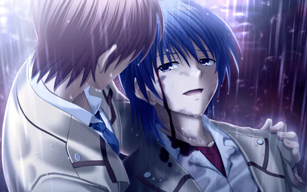 HD anime wallpaper featuring Yuzuru Otonashi supporting Hinata Hideki in a dramatic rainy scene from Angel Beats!