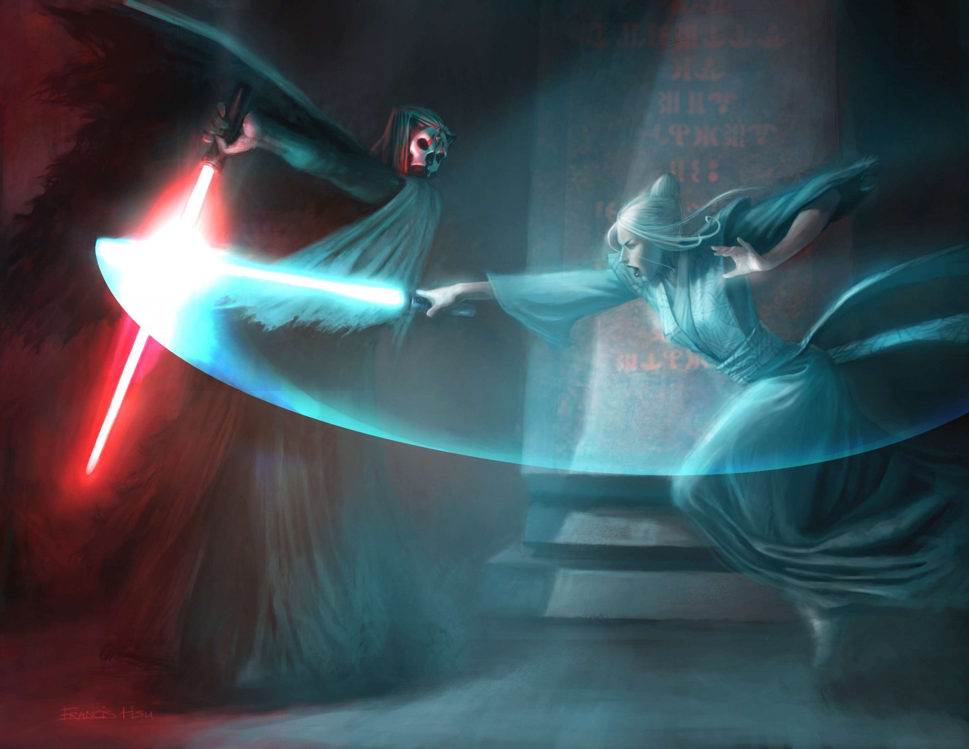 A dynamic Star Wars scene depicting a duel between a dark figure wielding a red lightsaber and a robed figure with a blue lightsaber, set against a dramatic background. HD desktop wallpaper.