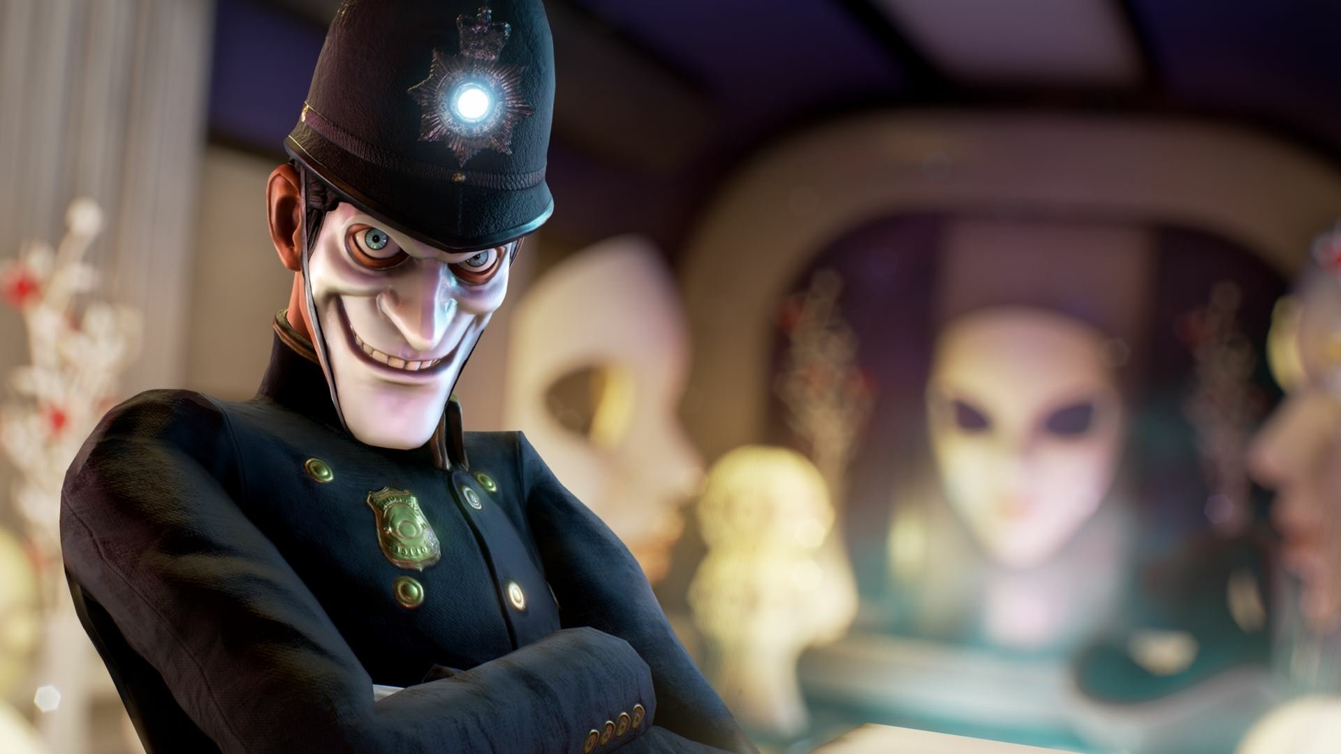 HD PC desktop wallpaper from the video game We Happy Few: sinister smiling policeman in dark uniform and bobby helmet, blurred masked figures behind him.